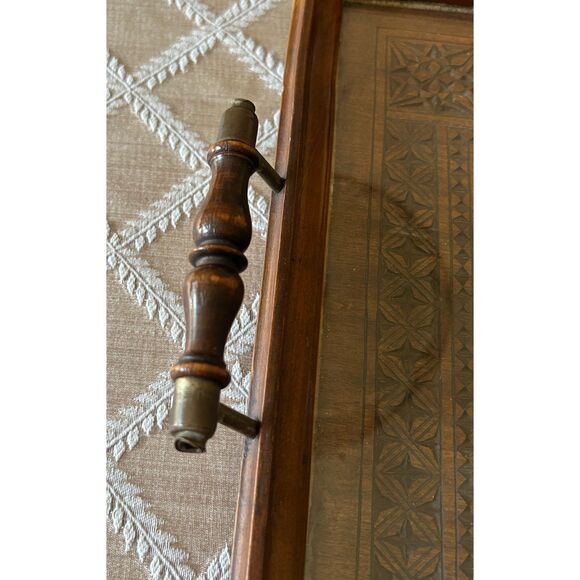 Vintage Hand-Carved Wooden Serving Tray with Glass — Ornate Geometric Star - Picture 4 of 7